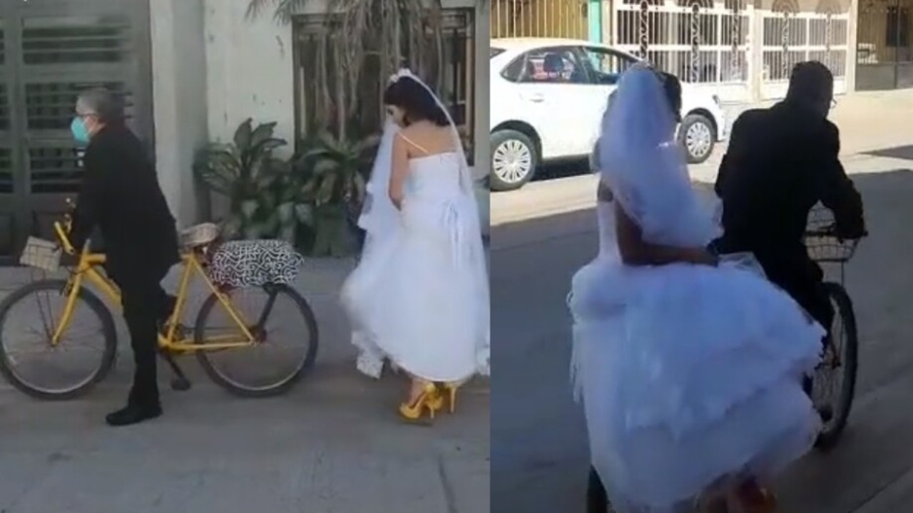 padre que llevo a su hija en bicicleta el dia de su boda